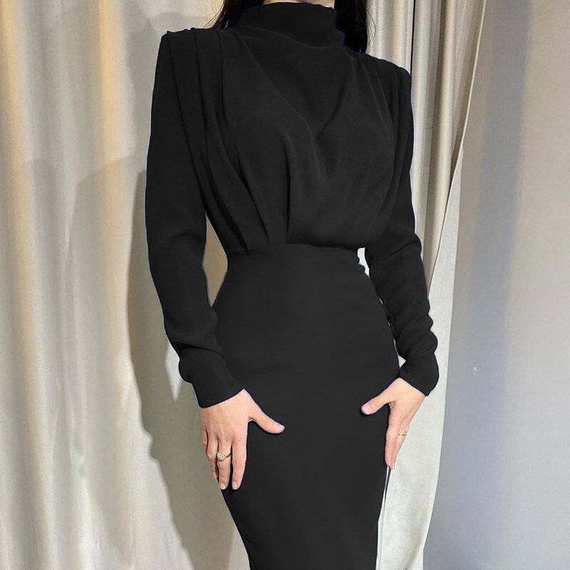 Ladies Tailored Midi Dress with Draping on the Bodice and Stand Collar Chichicherry
