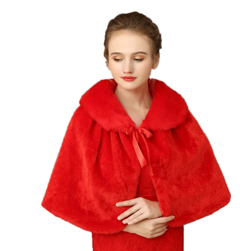 Women's Elegant Faux Fur Capelet with Bow Closure and Wide Overlapping Collar Chichicherry