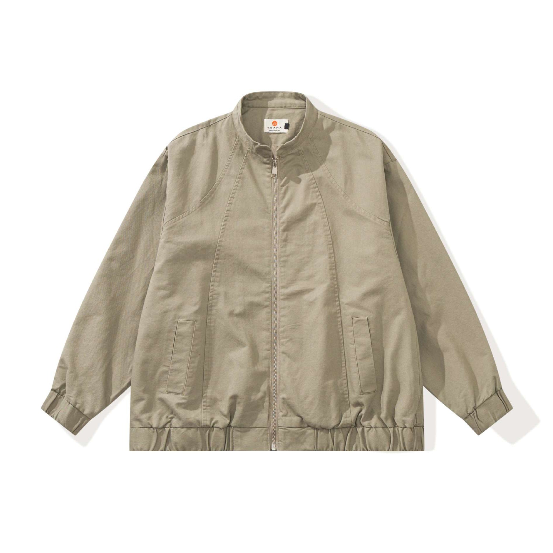 Unisex Stylishly Cut Canvas Zip Jacket with Stand-Up Collar, Drawstring Hem and Utility Pockets Chichicherry