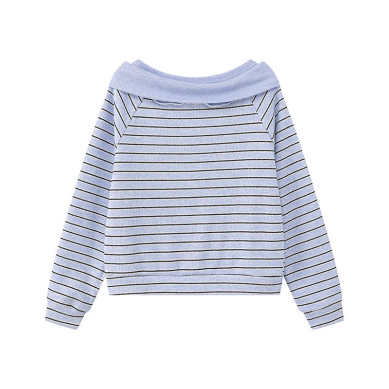 Women's Knitted Short Sweater with Off-Shoulder Cut, Bow Detail and Horizontal Striped Pattern Chichicherry