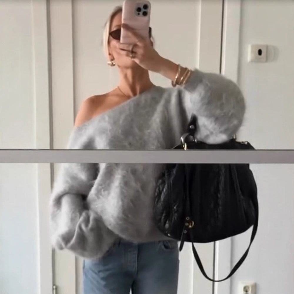 Women Oversize Mohair Blend Off-Shoulder Sweater with Balloon Sleeves Chichicherry