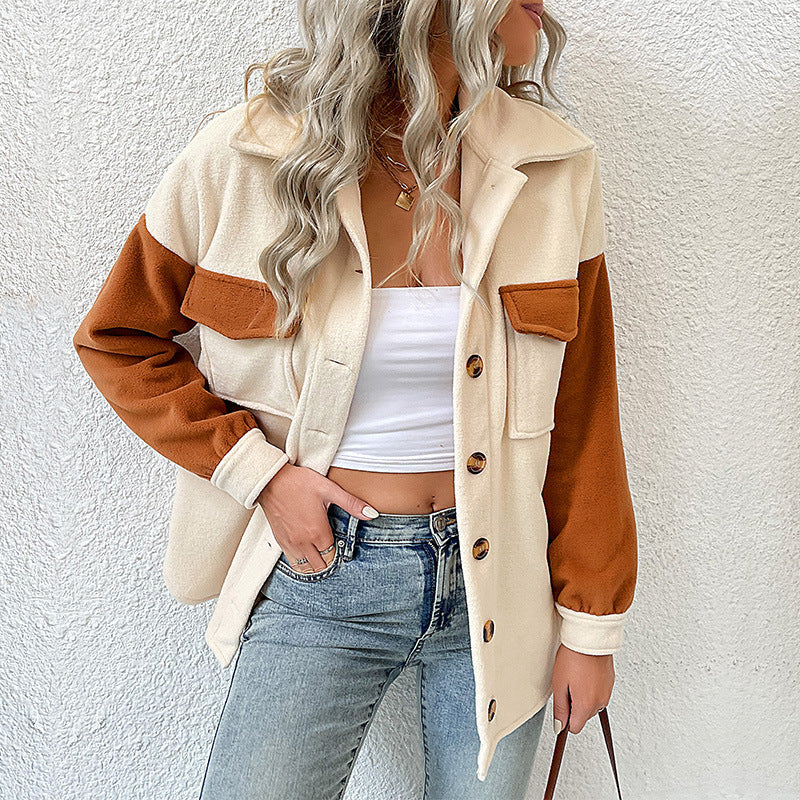 Women's oversized shirt jacket with contrasting sleeves and patch breast pockets Chichicherry