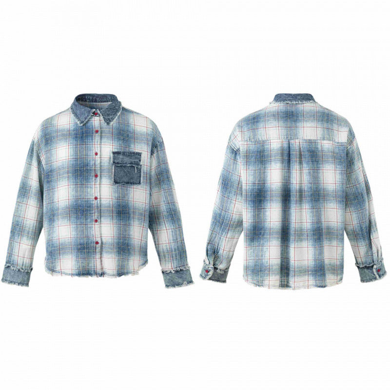 Unisex Checked Overshirt in Used Look with Fringes, Denim Collar and Patch Chest Pocket Chichicherry