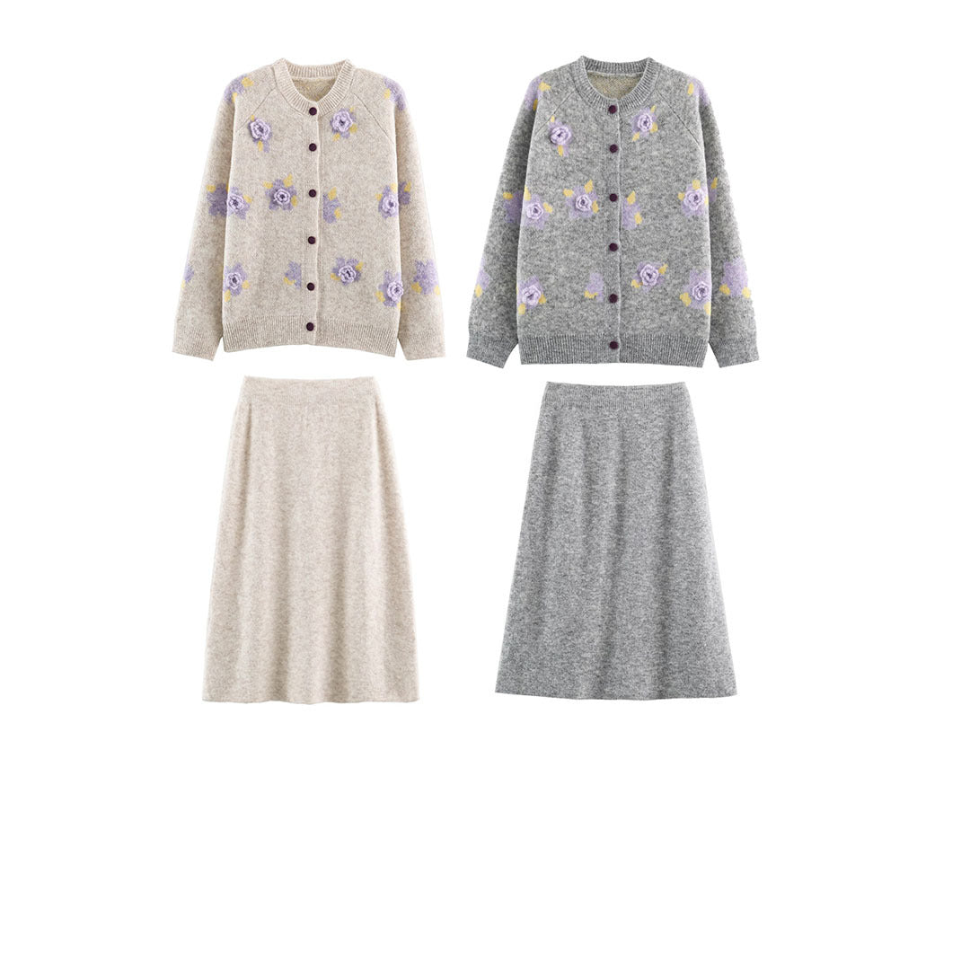 Women's Fine Knit Two-Piece Cardigan with Floral Jacquard and Tailored A-Line Knit Skirt Chichicherry
