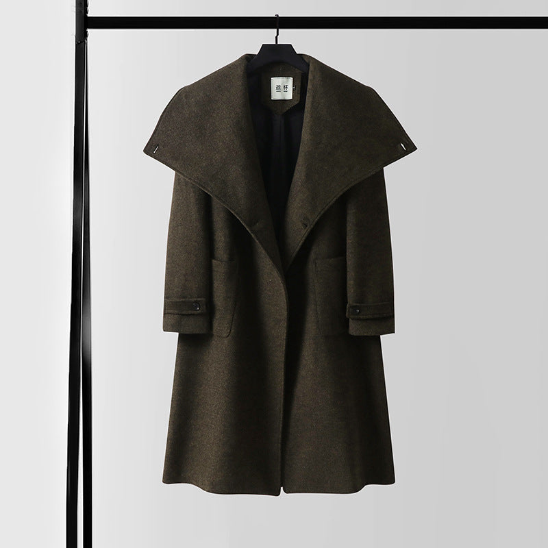 Women Maxi Length Wool Blend Coat with Oversized Shawl Collar and Patch Pockets Chichicherry