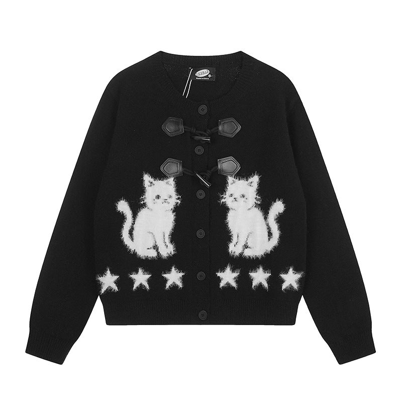 Women's cardigan with cat jacquard, decorative toggle closure and star trim Chichicherry