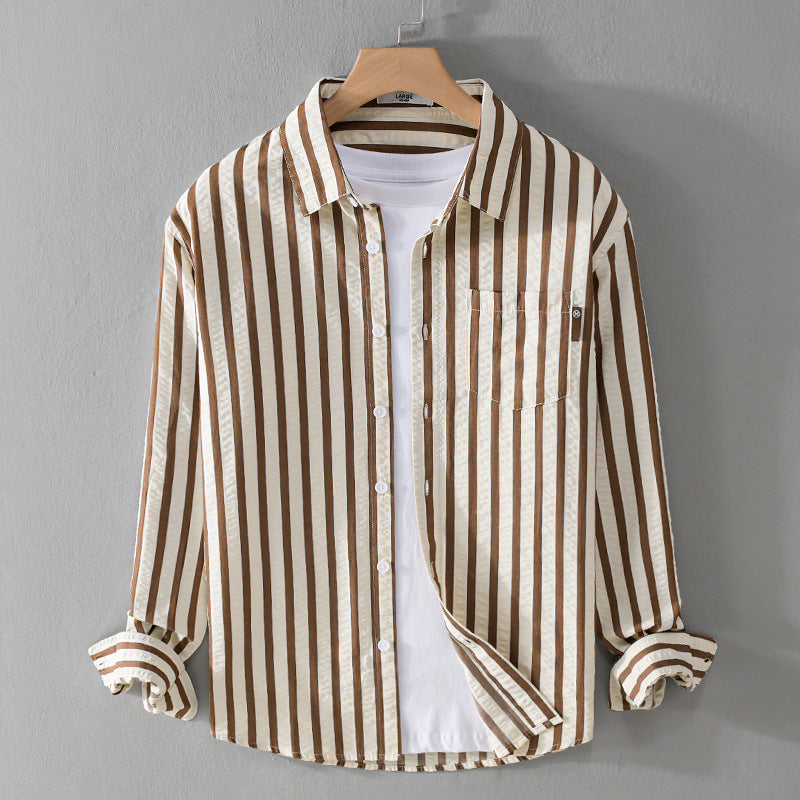 Men's Loose Shirt in Vertical Stripe Pattern made of Lightweight Cotton Blend with Kent Collar and Chest Pocket Chichicherry