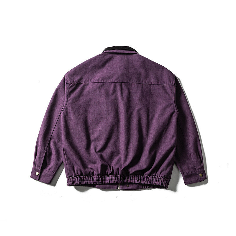 Men's Boxy Canvas Blouson Jacket with Cord Collar, Zipper Chest Pockets and Elastic Hem Chichicherry