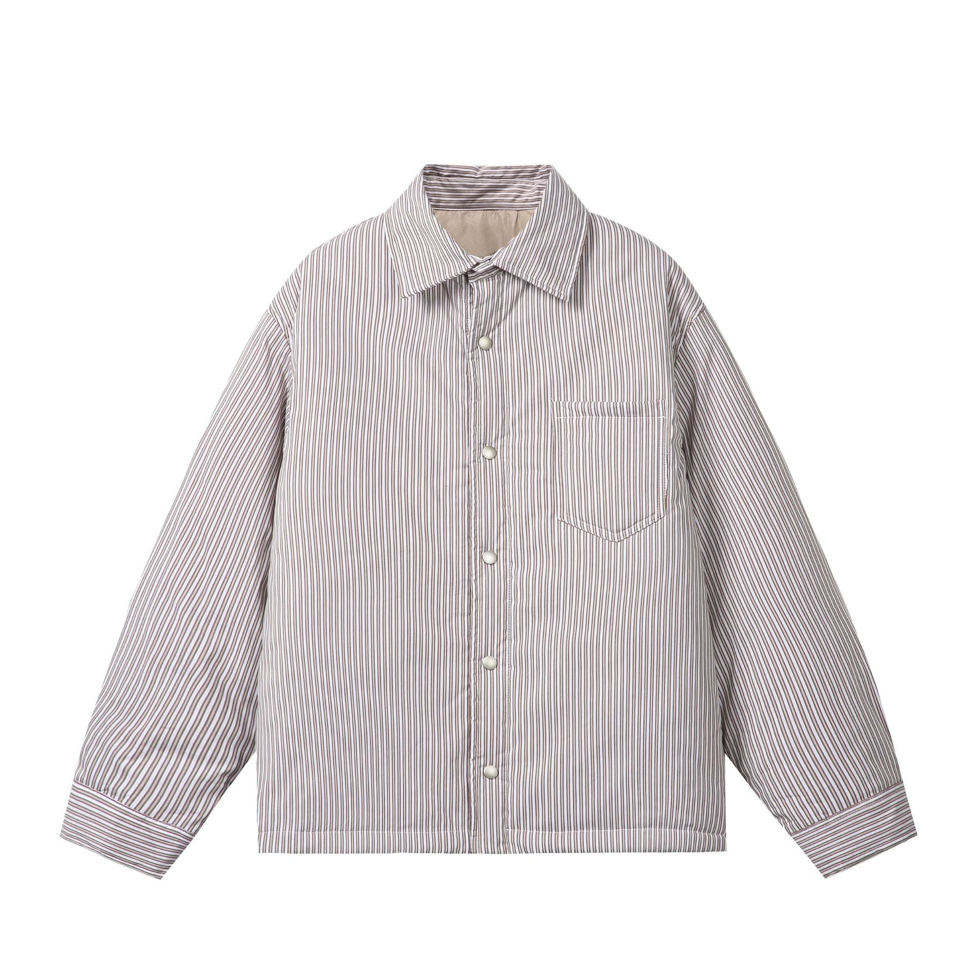 Unisex Striped Boxy Shirt Jacket with Snap Button Placket and Chest Pocket Chichicherry