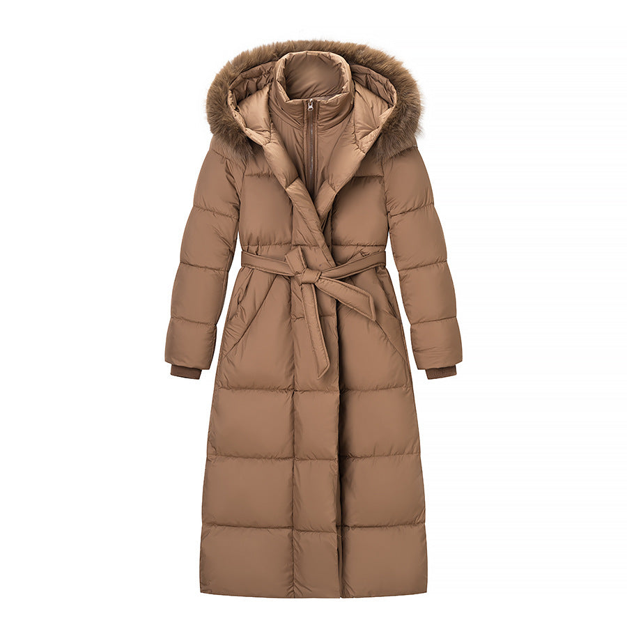 Women’s Quilted Longline Coat with Hood and Waist Belt Chichicherry