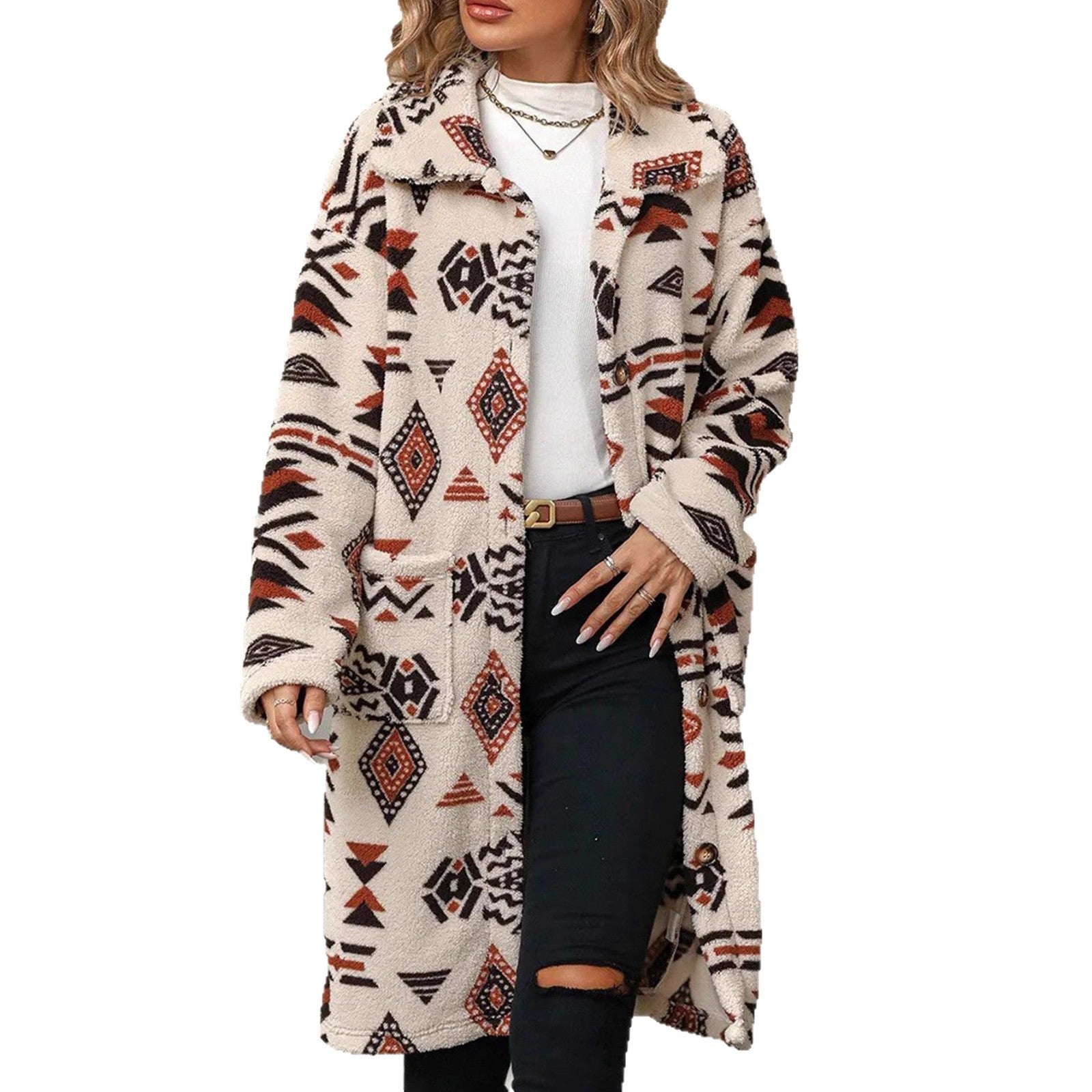 Women Teddy Coat with Aztec Pattern, Button Placket and Patch Pockets Chichicherry