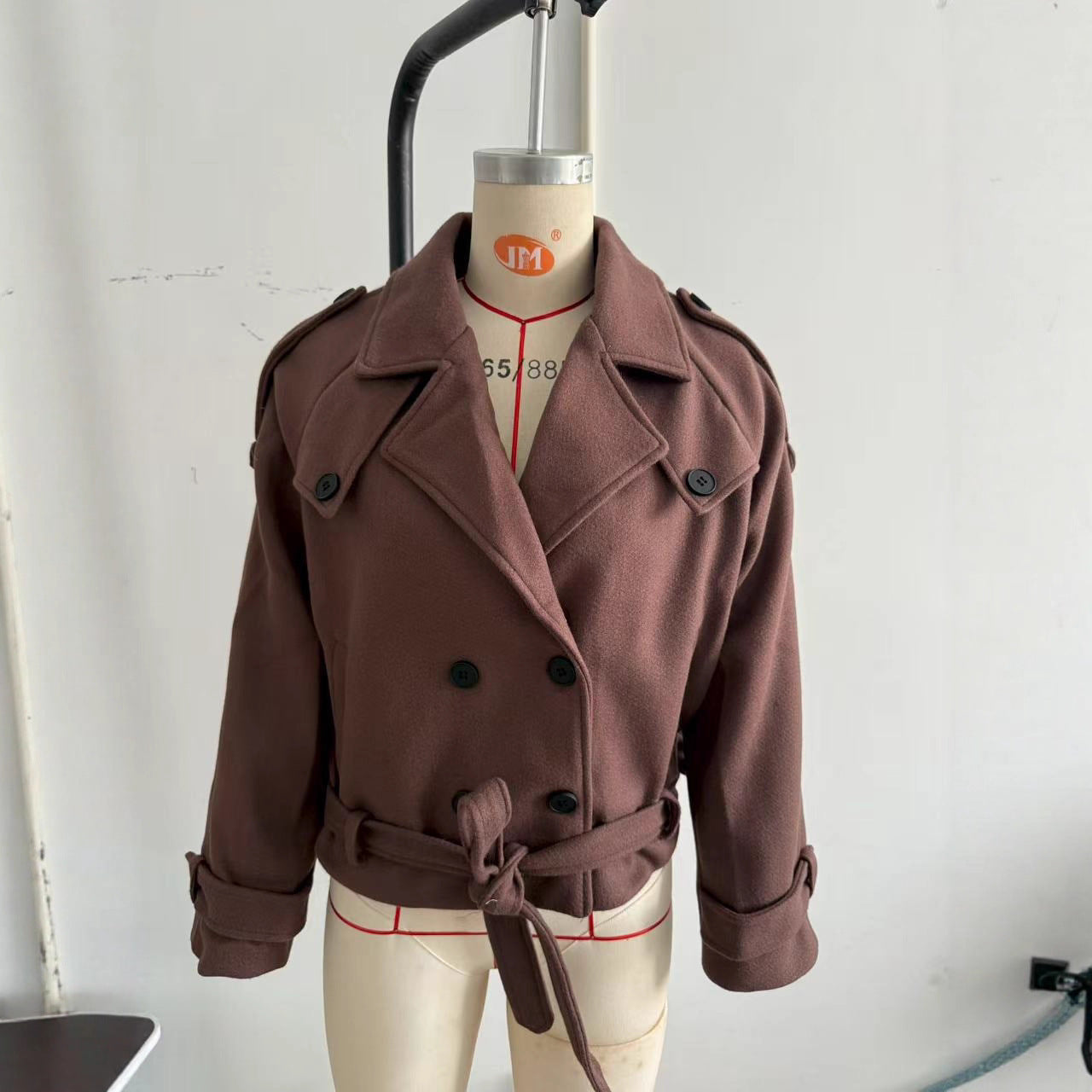 Women short cut oversized wool blend peacoat with wide lapels and tie belt Chichicherry