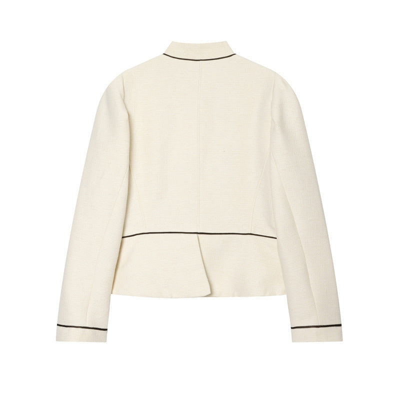 Women Bouclé-Tweed Short Jacket with Stand-Up Collar, Tailored Cut and Contrast Piping Chichicherry