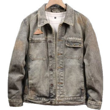 Herren Vintage-inspirierte Jeansjacke im Worker-Look mit Used-Wash und aufgesetzten Brusttaschen Chichicherry