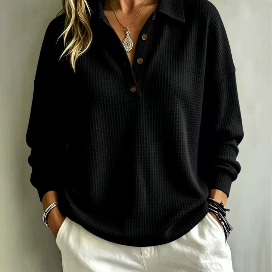 Ladies waffle knit polo with oversized fit, button placket and roll neck look Chichicherry