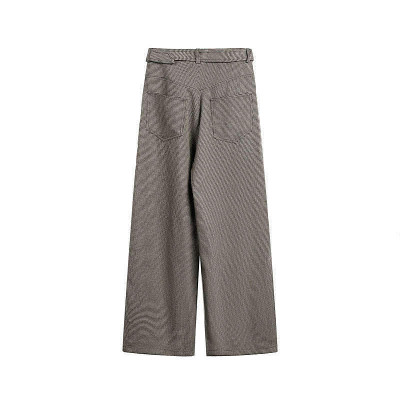 Women's Wide High-Waist Culotte Pants with Tie Belt and Glencheck Pattern Chichicherry