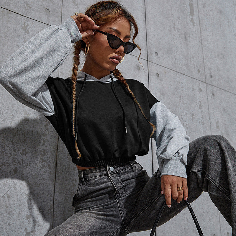 Women's Cropped Hoodie with Color Block, Drawstring and Elastic Hem Chichicherry