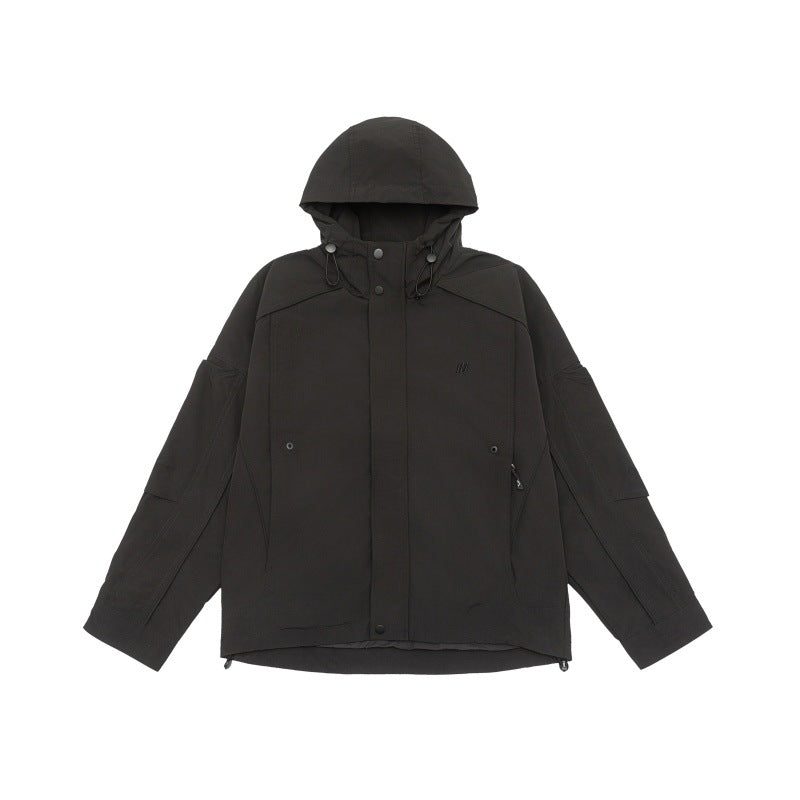 Unisex technical hooded field jacket in boxy cut with concealed front and multifunctional pockets Chichicherry