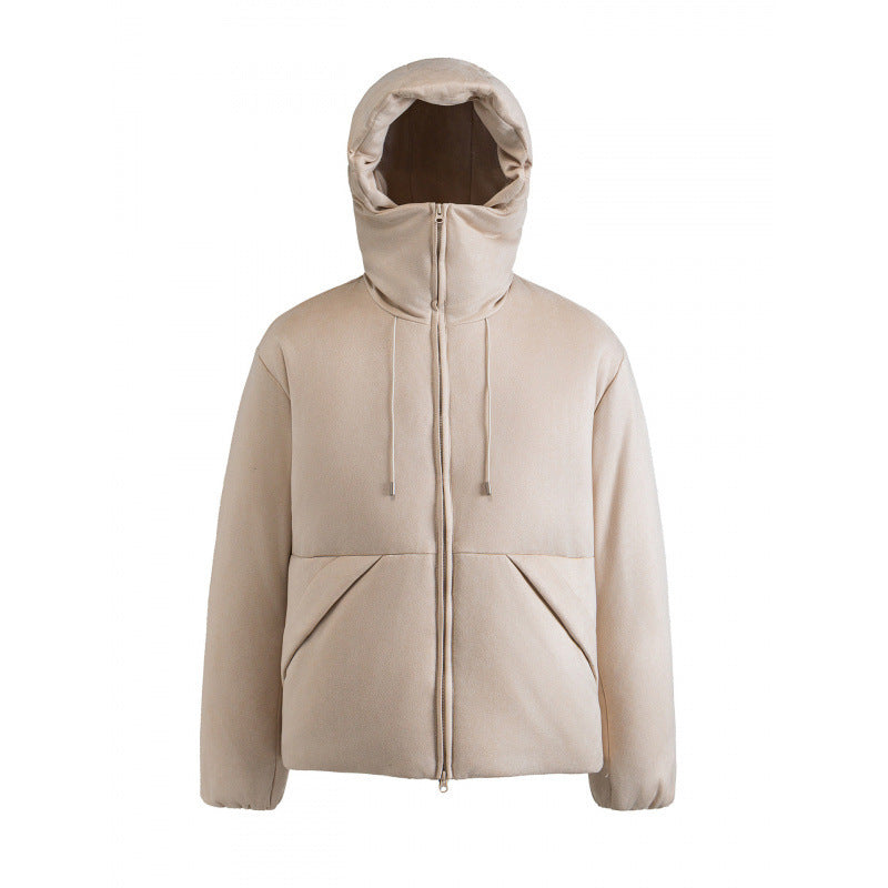 Unisex Padded Hooded Jacket in Boxy Cut with High Shawl Collar and Kangaroo Pockets Chichicherry