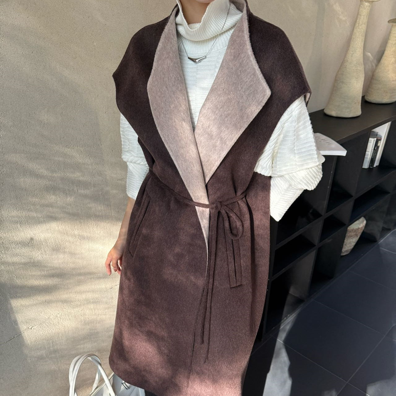 Women Maximal sleeveless wool coat with shawl collar and tie belt Chichicherry