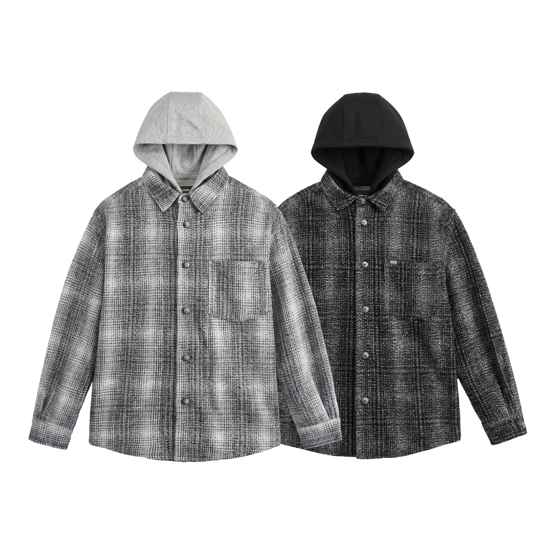Men's Hooded Overshirt in Wool Blend with Check Pattern and Inserted Chest Pocket Chichicherry