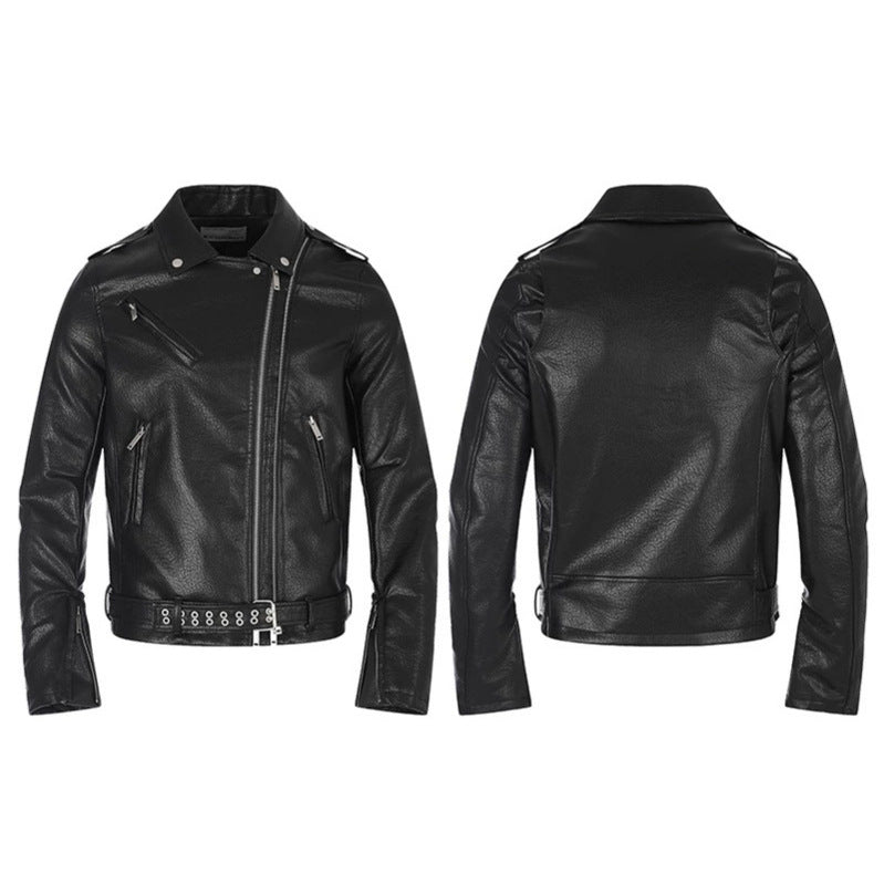 Men's tailored biker jacket made of synthetic leather with asymmetric zipper and studded waist belt Chichicherry