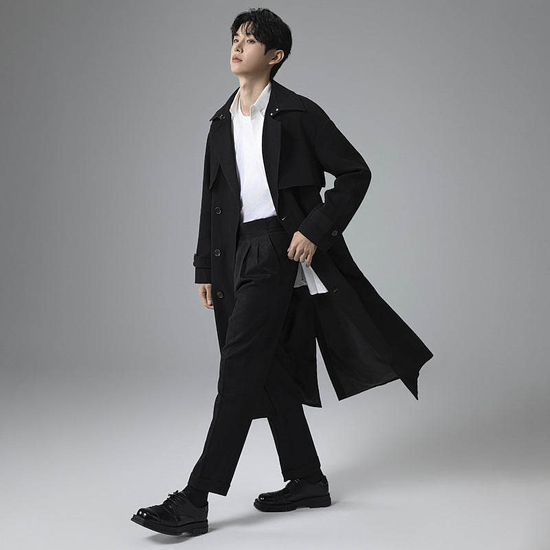 Men's trench coat in minimalist double-breasted design with wide shawl collar and waist belt Chichicherry