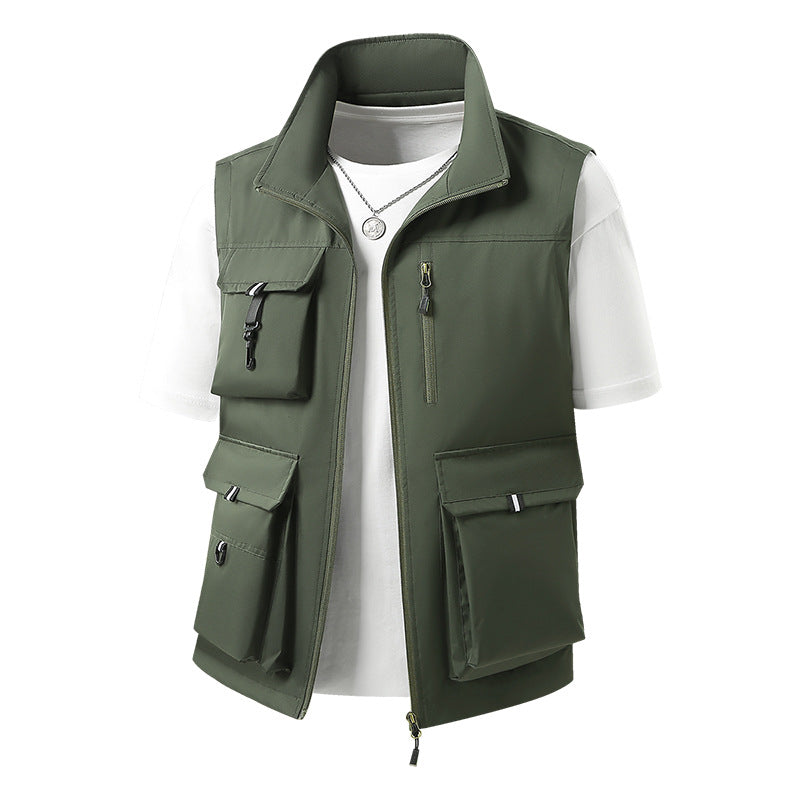 Men's multifunctional outdoor vest with multiple cargo pockets and stand-up collar Chichicherry