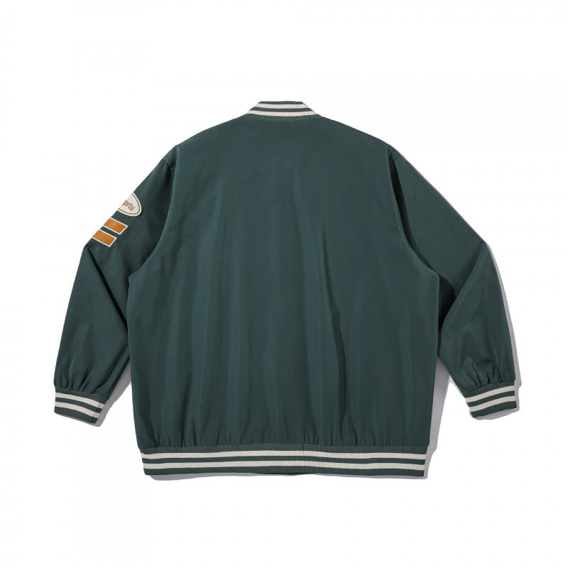 Unisex College Bomber Jacket with quilted patch, striped ribbed hems and snap button placket Chichicherry
