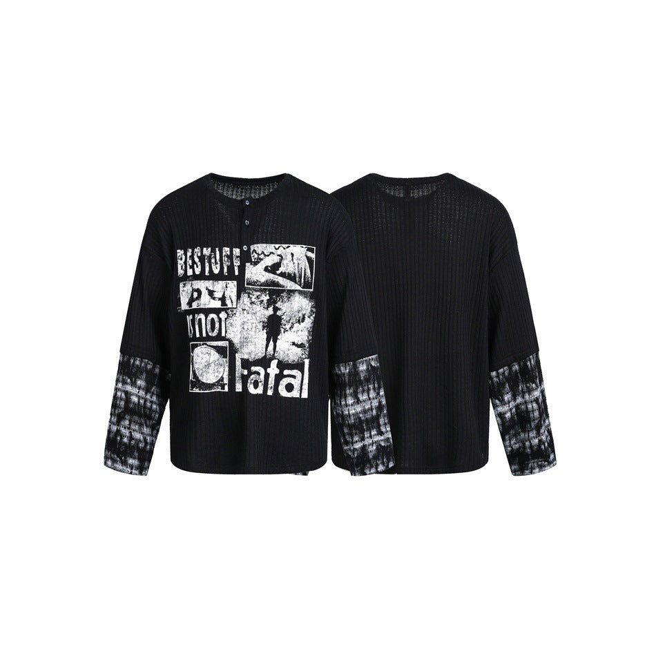 Men's Long Sleeve Ribbed Knit Shirt with Henley Button Placket and Contrasting Graphic Print Chichicherry