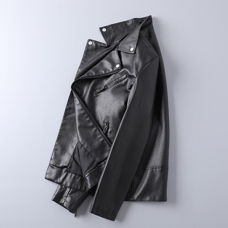 Men's Slim-Fit Faux Leather Moto Jacket with Asymmetrical Zipper and Clean Notched Lapel Chichicherry