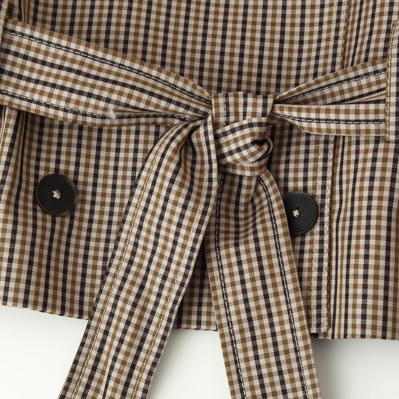 Women Cropped Double-Breasted Check Trench Coat with Waist Tie Belt and Flared Cuffs Chichicherry