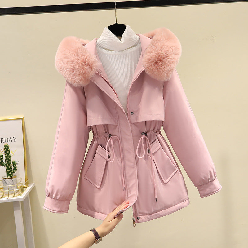 Women's short tailored parka with drawstring waist, hood, and large flap pockets Chichicherry