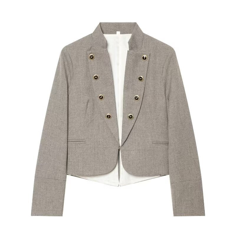 Ladies short blazer in military style with stand-up collar, double-breasted decorative button placket and tailored silhouette Chichicherry