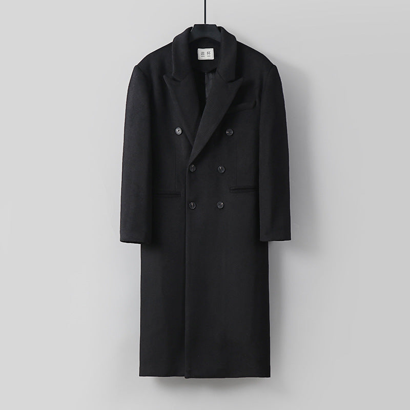 Men's Classic Double-Breasted Long Coat made of Wool Blend with Shawl Collar and Fine Lining Processing Chichicherry
