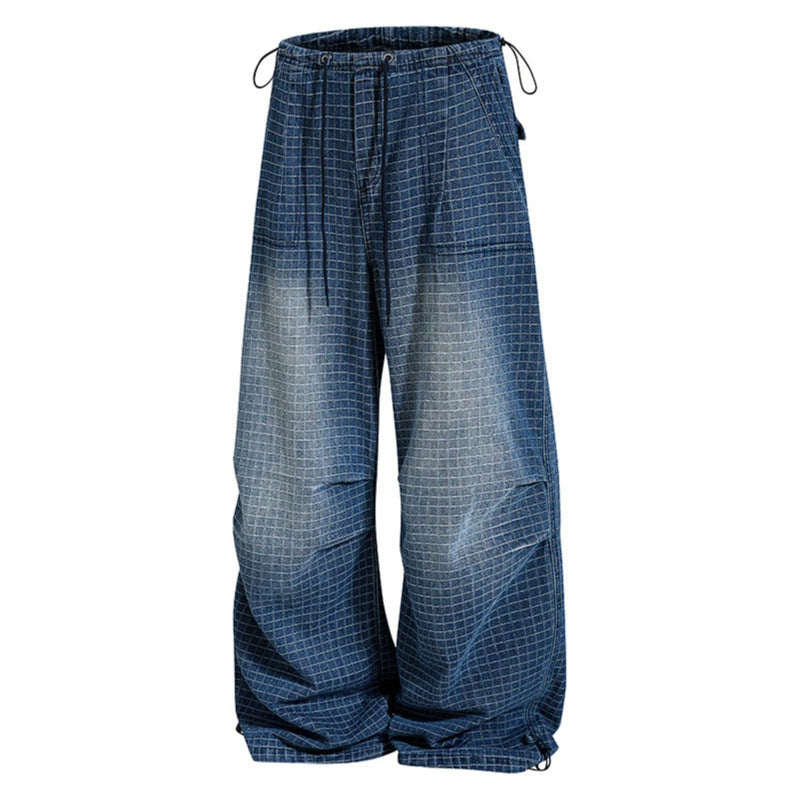 Women's Loose High-Waist Culotte Jeans with Drawstring, Check Pattern and Adjustable Hem Chichicherry