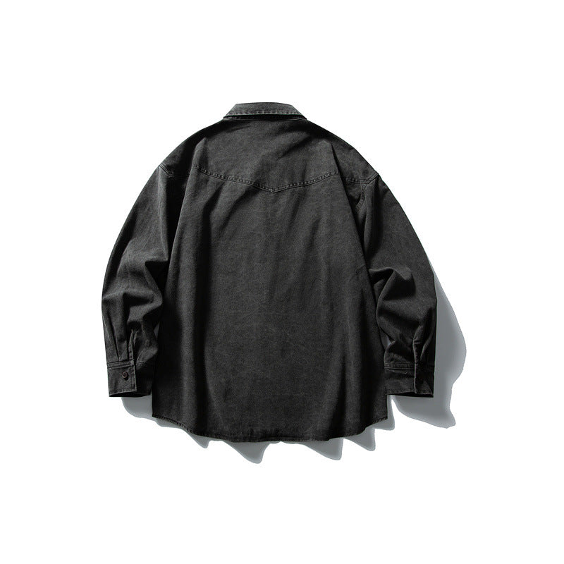 Unisex Oversize Cotton Denim Shirt Jacket with Patch Chest Pockets and Curved Hem Chichicherry
