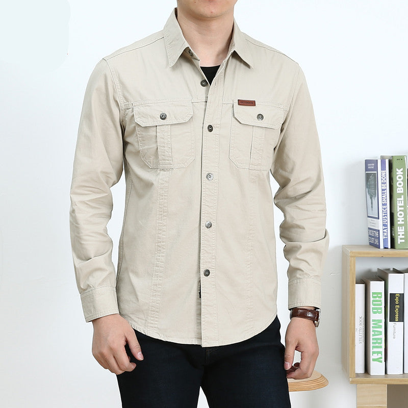 Men's Lightweight Canvas Overshirt in Utility Style with Chest Flap Pockets and Shirt Collar Chichicherry