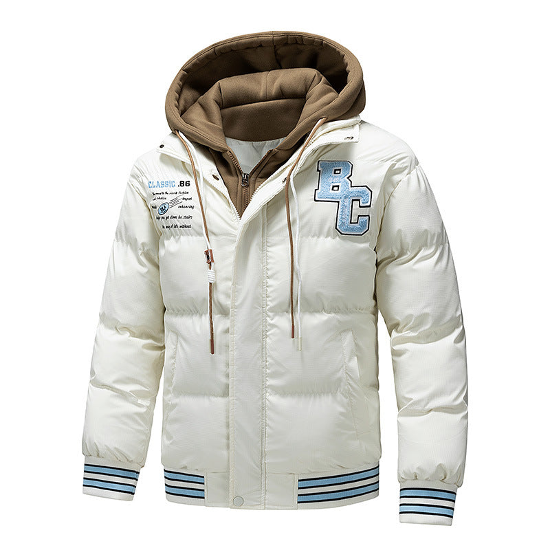 Men's Padded Quilted Jacket with Hoodie Insert and College Patches Chichicherry