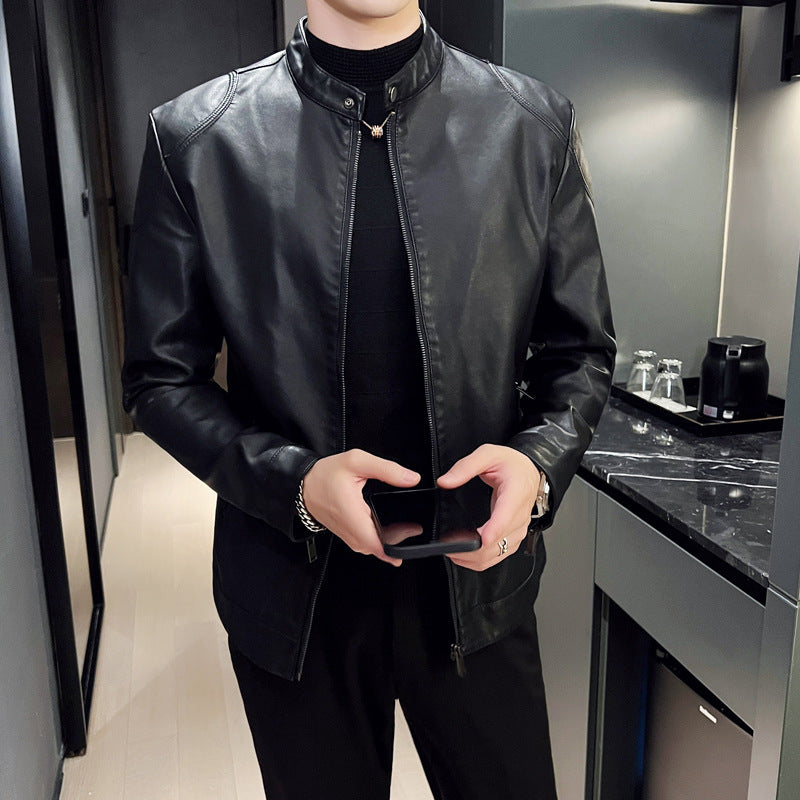 Men's slim faux leather blouson motorcycle-inspired design with short stand-up collar and concealed zipper Chichicherry