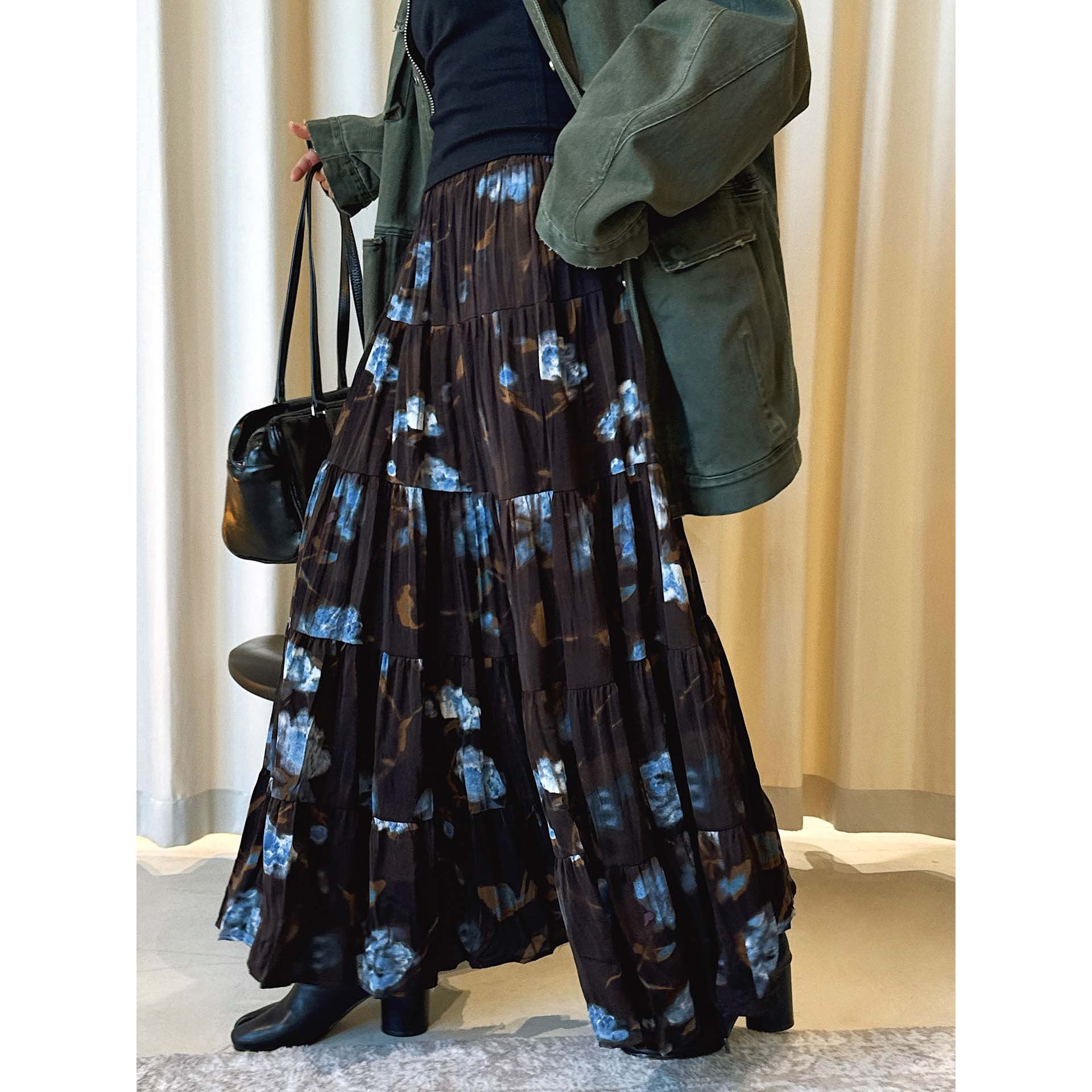 Ladies Maxi Tiered Skirt made of pleated chiffon with abstract floral print Chichicherry