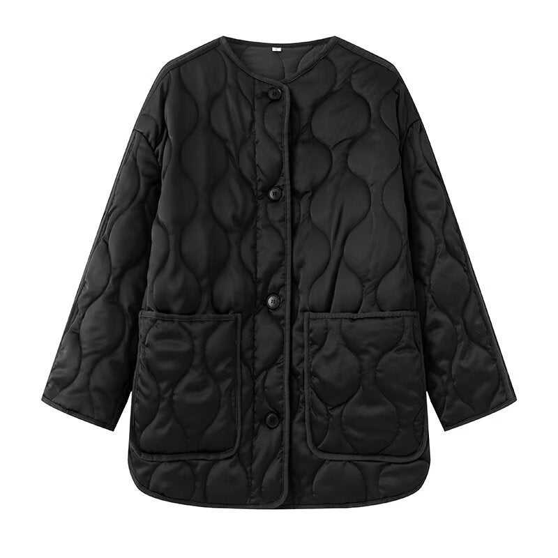 Women Longline Quilted Jacket with Round Neck, Button Placket and Patch Pockets Chichicherry