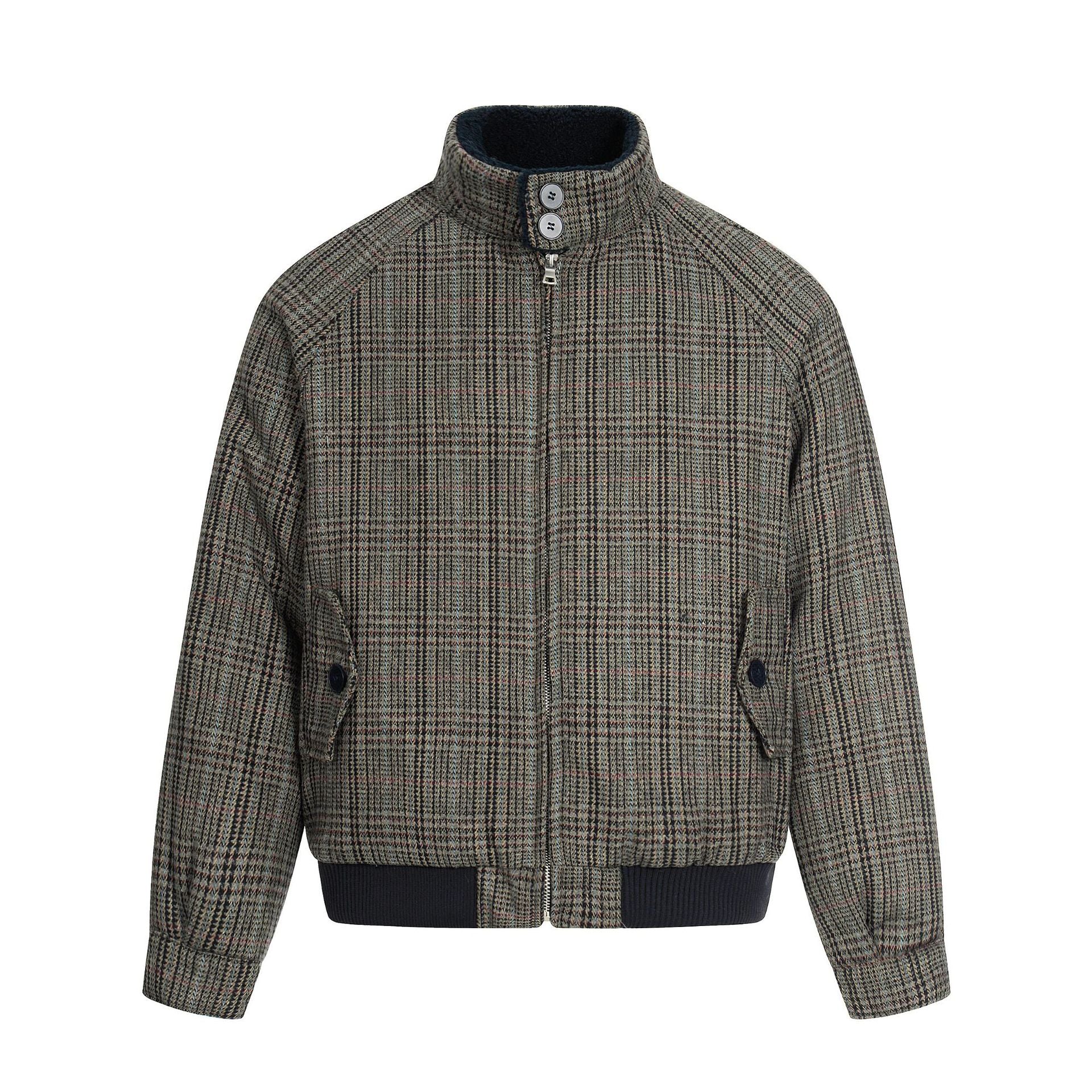 Men's Short Cut Glencheck Blouson with Funnel Neck and Ribbed Cuff Chichicherry
