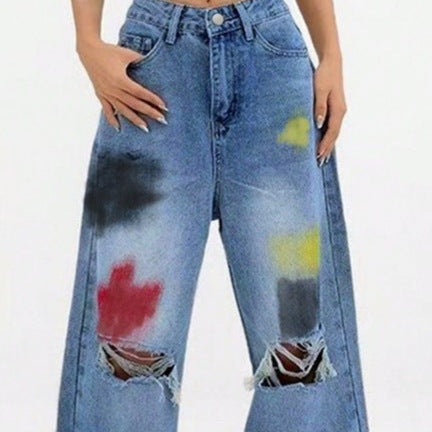 Women's wide Denim jeans with paint splatter and distressed knees Chichicherry