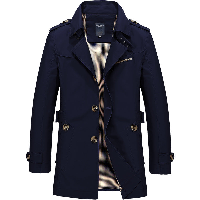 Men's Short Double-Breasted Trench Coat with Lapel Collar, Epaulets and Checked Lining Chichicherry