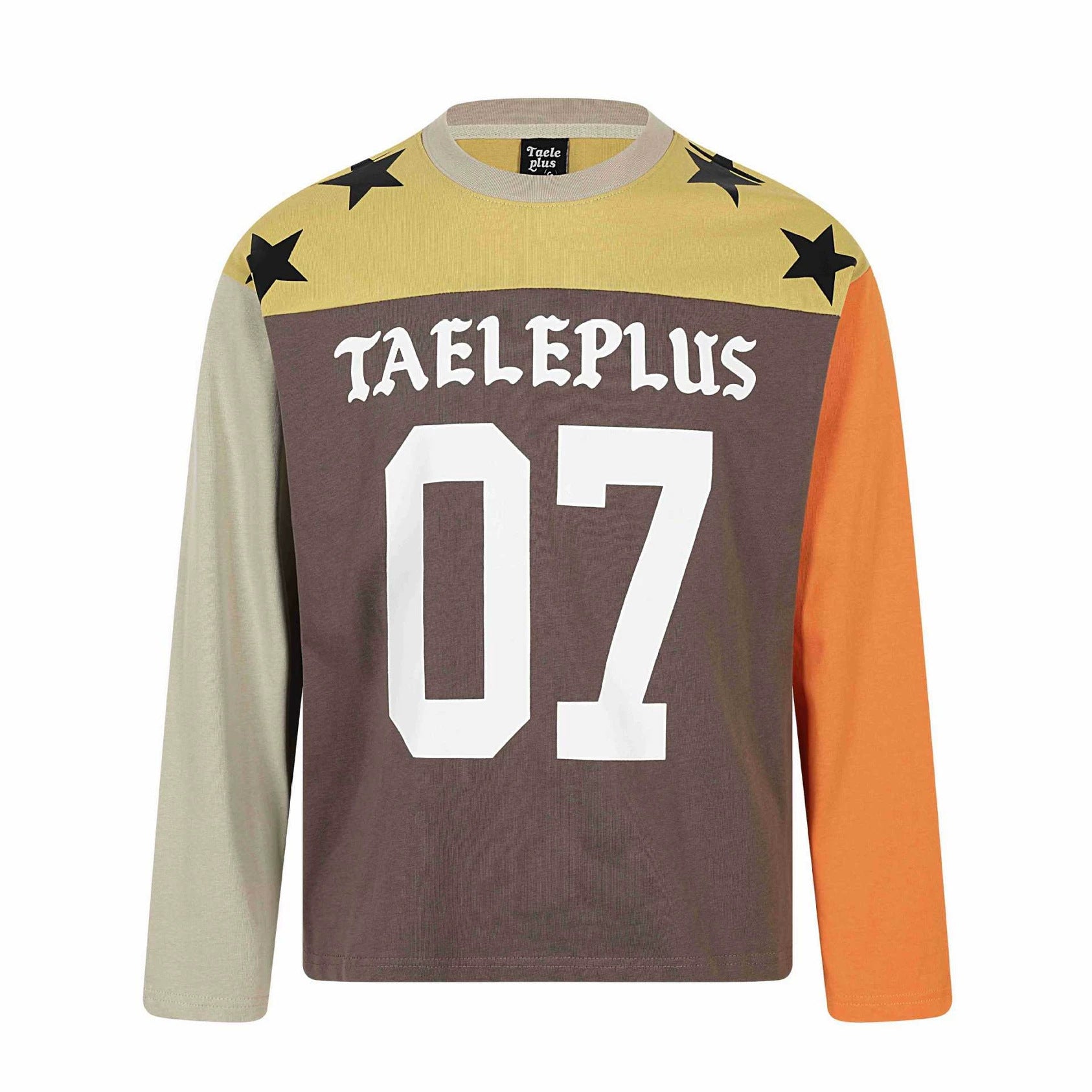 Unisex long sleeve shirt in vintage sports style with number print and star appliqués Chichicherry