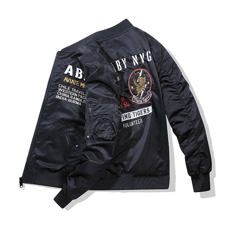 Men's pilot bomber jacket in vintage military style with embroidered patches and utility arm pocket Chichicherry