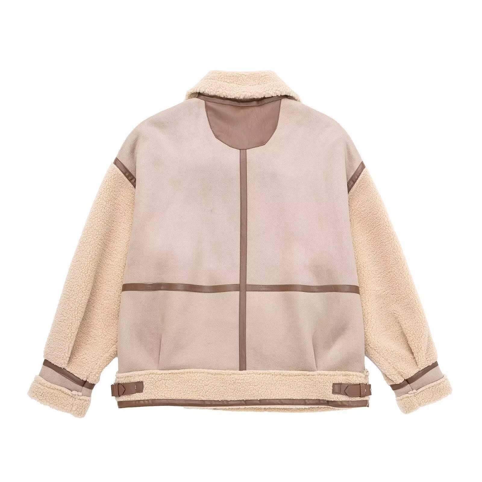 Women's Oversized Flight Jacket with Teddy Lining, Asymmetrical Zip and Faux Leather Details Chichicherry