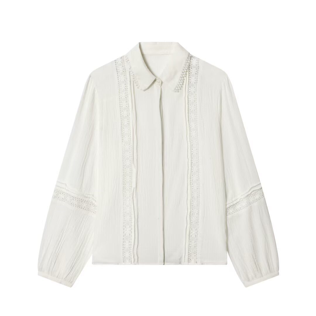 Ladies blouse with delicate lace appliqué, concealed button placket and balloon sleeves Chichicherry
