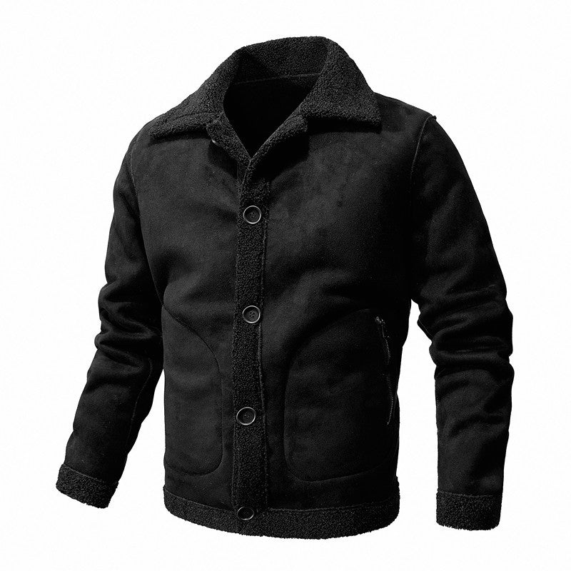 Men's sheepskin-inspired teddy fleece jacket with button placket and zippered pockets Chichicherry